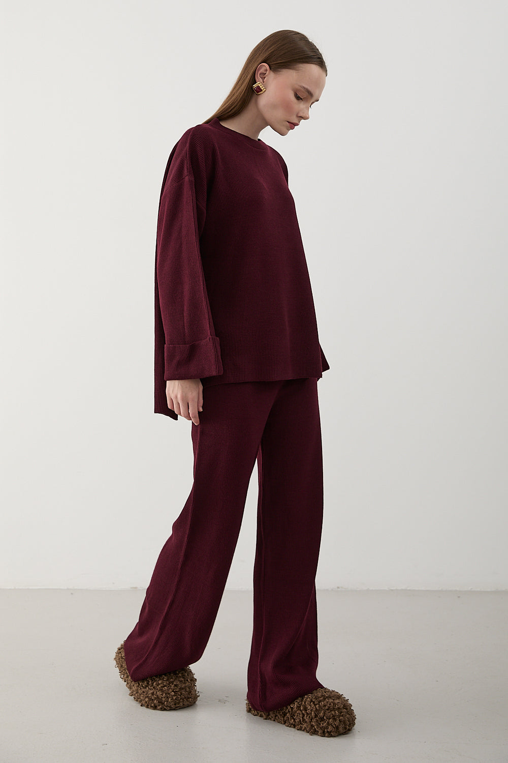 Bordo Selanik Örme Triko Takım - 4587