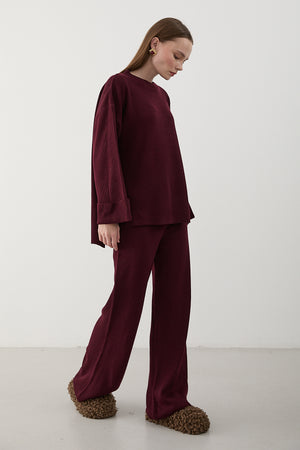 Bordo Selanik Örme Triko Takım - 4587