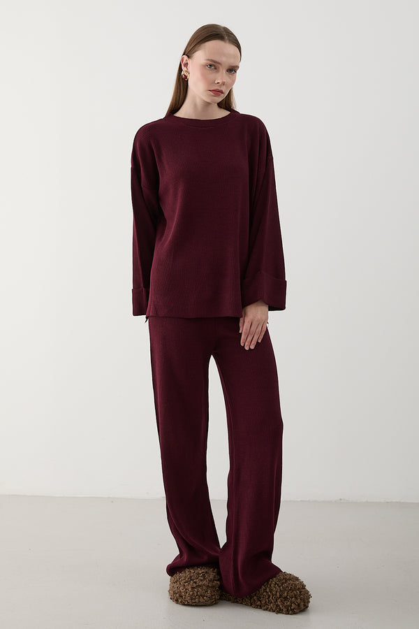 Bordo Selanik Örme Triko Takım - 4587