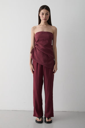 Bordo Straplez Yanı Büzgülü Bluz Pantolon Takım