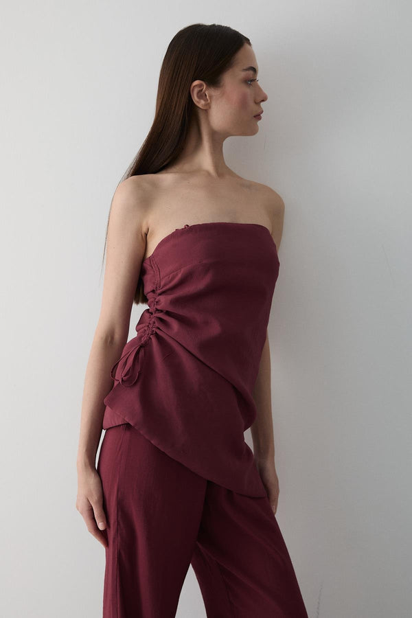 Bordo Straplez Yanı Büzgülü Bluz Pantolon Takım