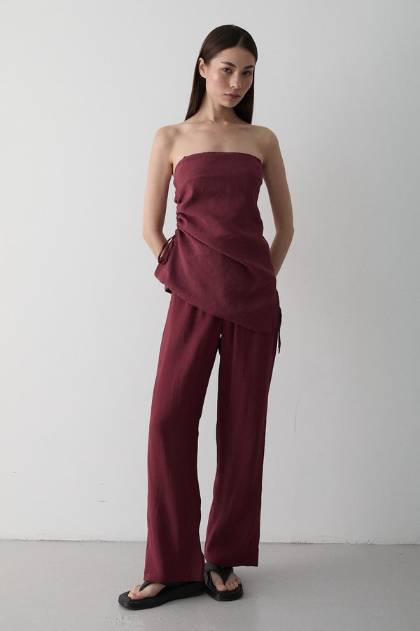 Bordo Straplez Yanı Büzgülü Bluz Pantolon Takım