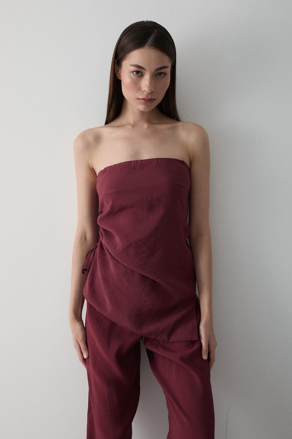 Bordo Straplez Yanı Büzgülü Bluz Pantolon Takım