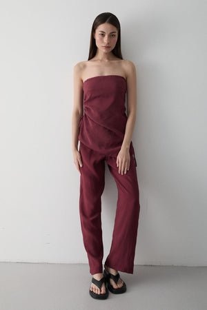 Bordo Straplez Yanı Büzgülü Bluz Pantolon Takım