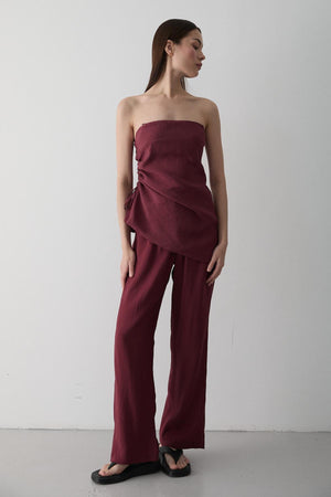 Bordo Straplez Yanı Büzgülü Bluz Pantolon Takım