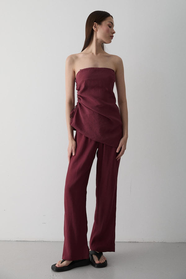 Bordo Straplez Yanı Büzgülü Bluz Pantolon Takım