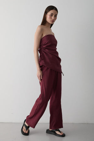 Bordo Straplez Yanı Büzgülü Bluz Pantolon Takım