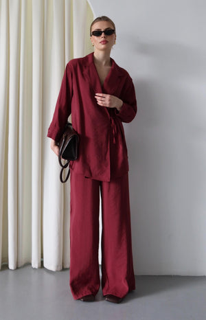 Bordo Yaka Detaylı Bağlamalı Kimono Takım