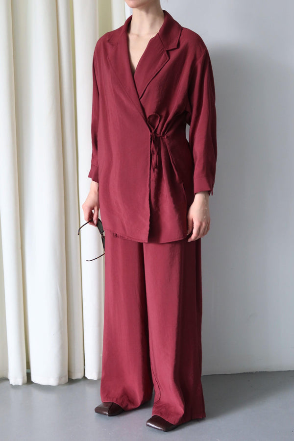 Bordo Yaka Detaylı Bağlamalı Kimono Takım