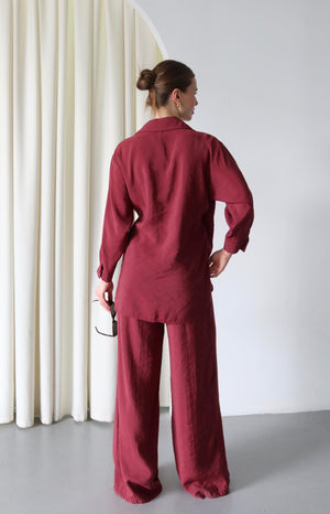 Bordo Yaka Detaylı Bağlamalı Kimono Takım