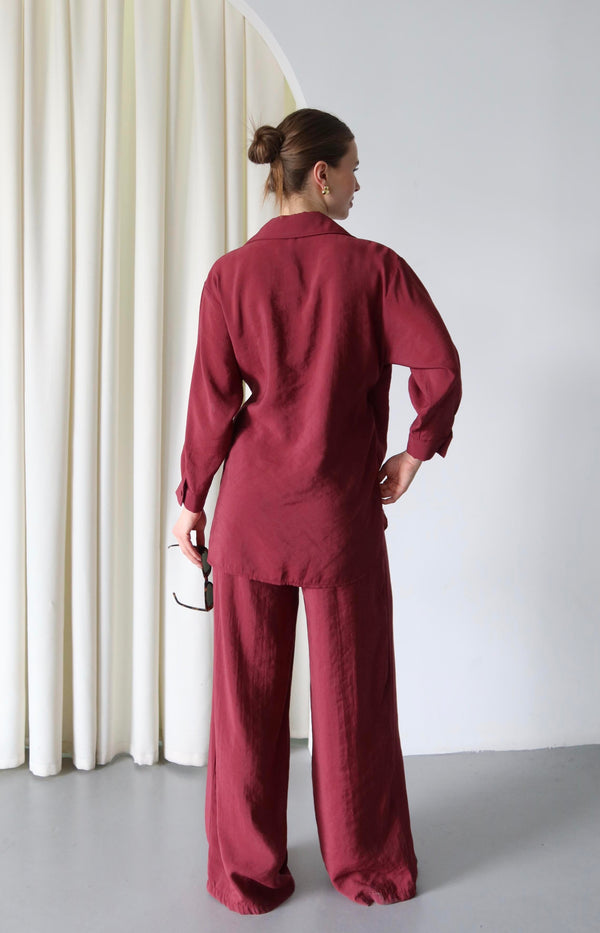 Bordo Yaka Detaylı Bağlamalı Kimono Takım