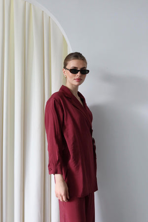 Bordo Yaka Detaylı Bağlamalı Kimono Takım