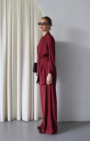 Bordo Yaka Detaylı Bağlamalı Kimono Takım