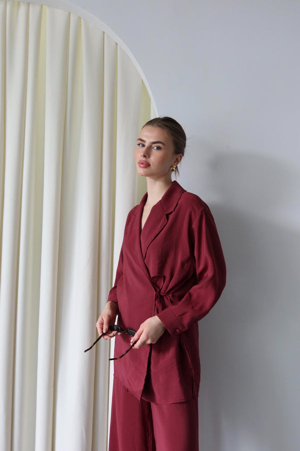 Bordo Yaka Detaylı Bağlamalı Kimono Takım