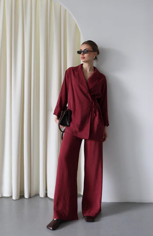 Bordo Yaka Detaylı Bağlamalı Kimono Takım