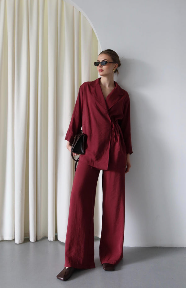 Bordo Yaka Detaylı Bağlamalı Kimono Takım