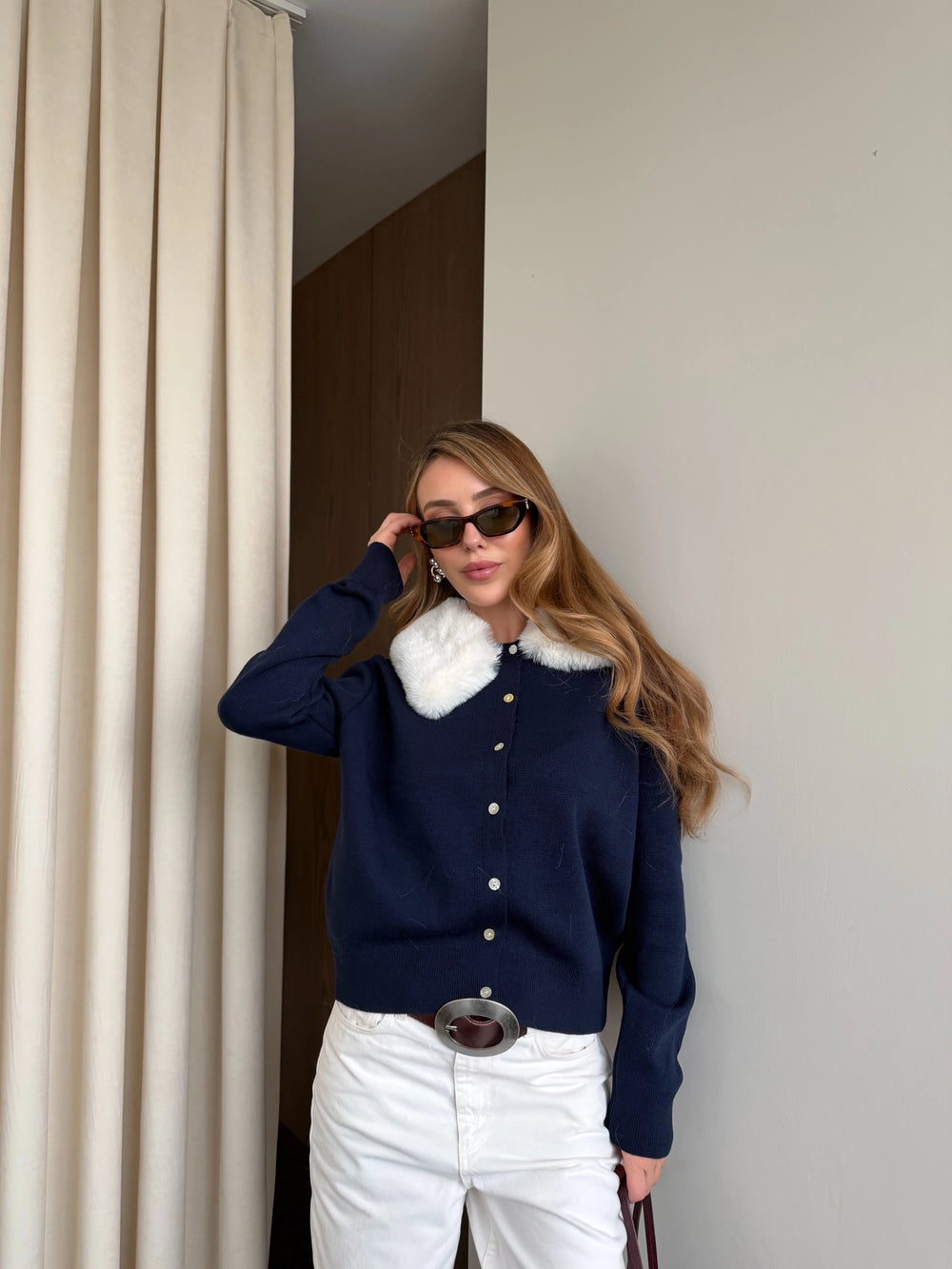 Lacivert Yakası Kürklü Hırka - 261002