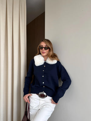 Lacivert Yakası Kürklü Hırka - 261002