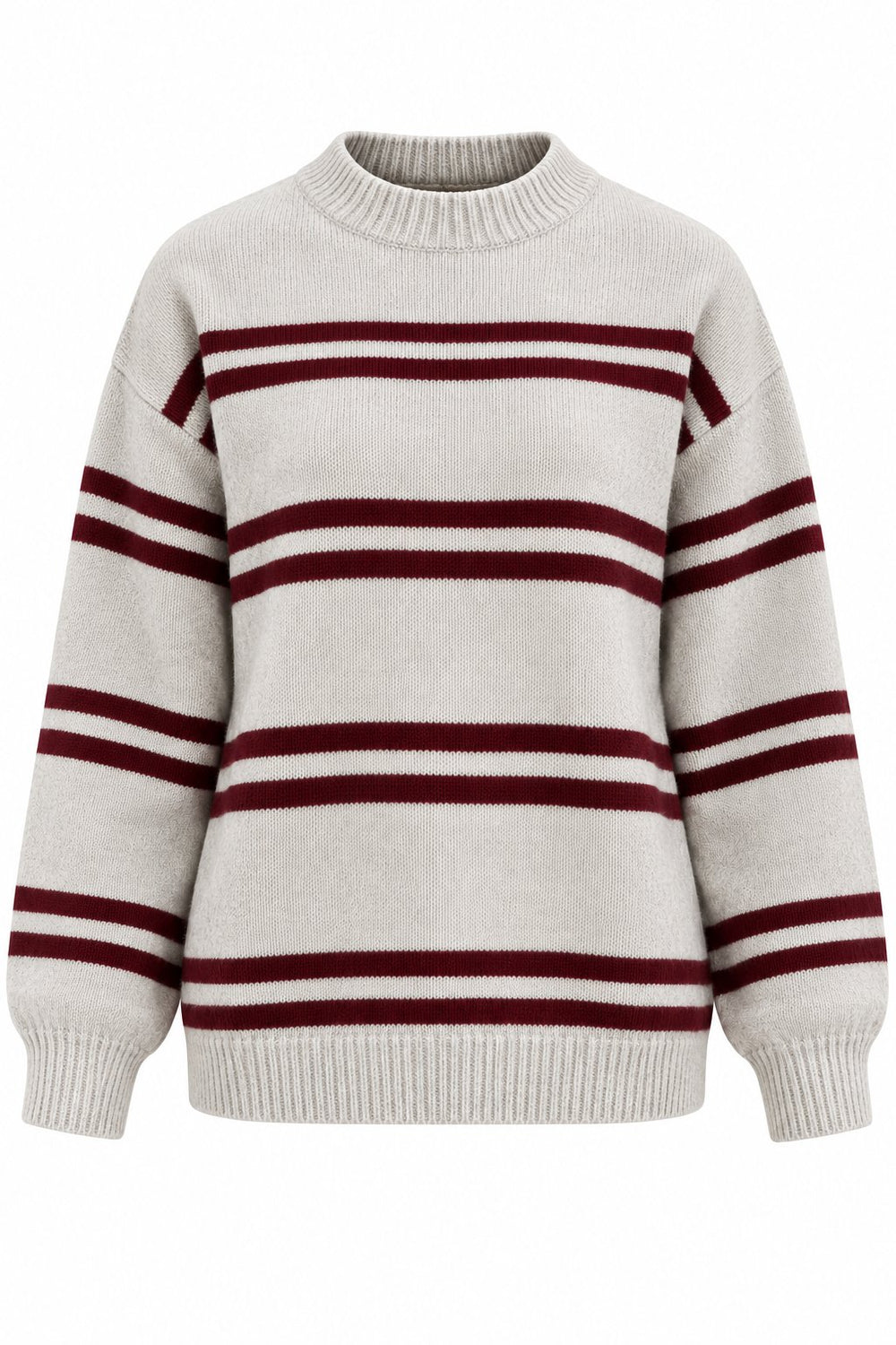 Bordo Renkli Çizgili Oversize Örme Kazak - 2y2516