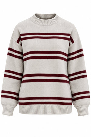 Bordo Renkli Çizgili Oversize Örme Kazak - 2y2516
