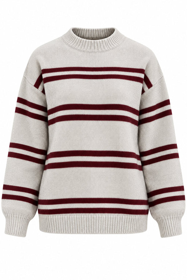 Bordo Renkli Çizgili Oversize Örme Kazak - 2y2516