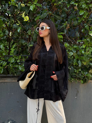 Siyah Frog Kapama Nakışlı Kimono - 5096