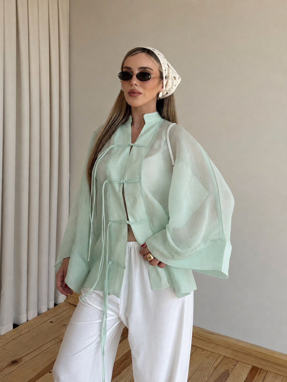 Mint İp Bağcıklı Transparan Kimono - 5098