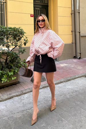 Pembe Mini Puantiyeli Beli İp Bağlamalı Ceket - 9788