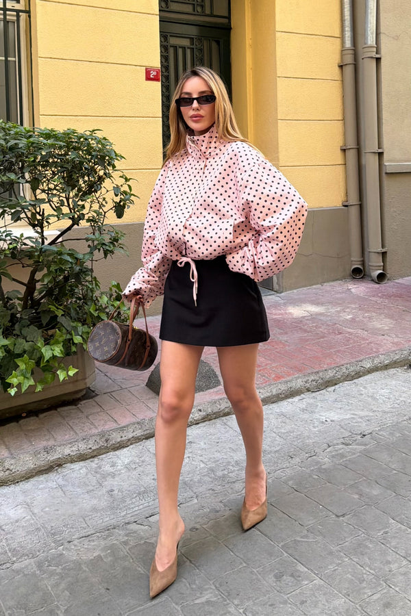 Pembe Mini Puantiyeli Beli İp Bağlamalı Ceket - 9788