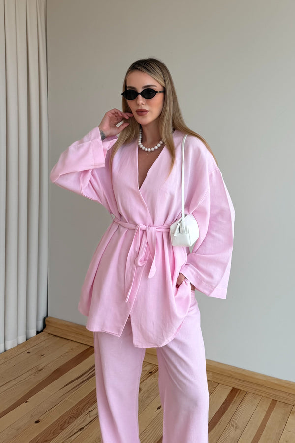 Pembe Vero Pamuklu Kemerli İkili Takım - 1300