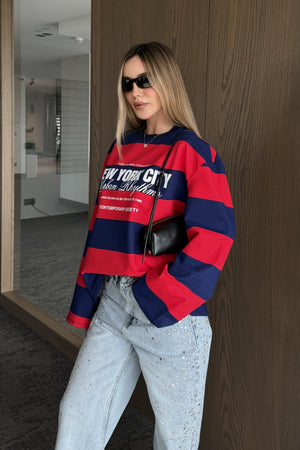 Kırmızı Lacivert New York Baskılı Sweatshirt - 1132