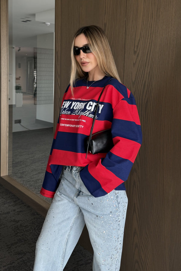 Kırmızı Lacivert New York Baskılı Sweatshirt - 1132