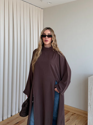 Kahverengi Yırtmaçlı Uzun Tunik - 8515