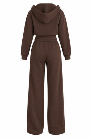 Kahverengi Kapüşonlu Fermuarlı Basic Fitilli Takım - 2y51232