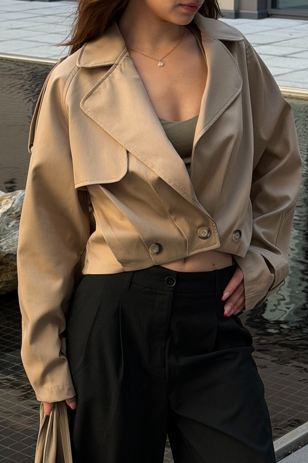Bej Pileli Crop Ceket - 4199