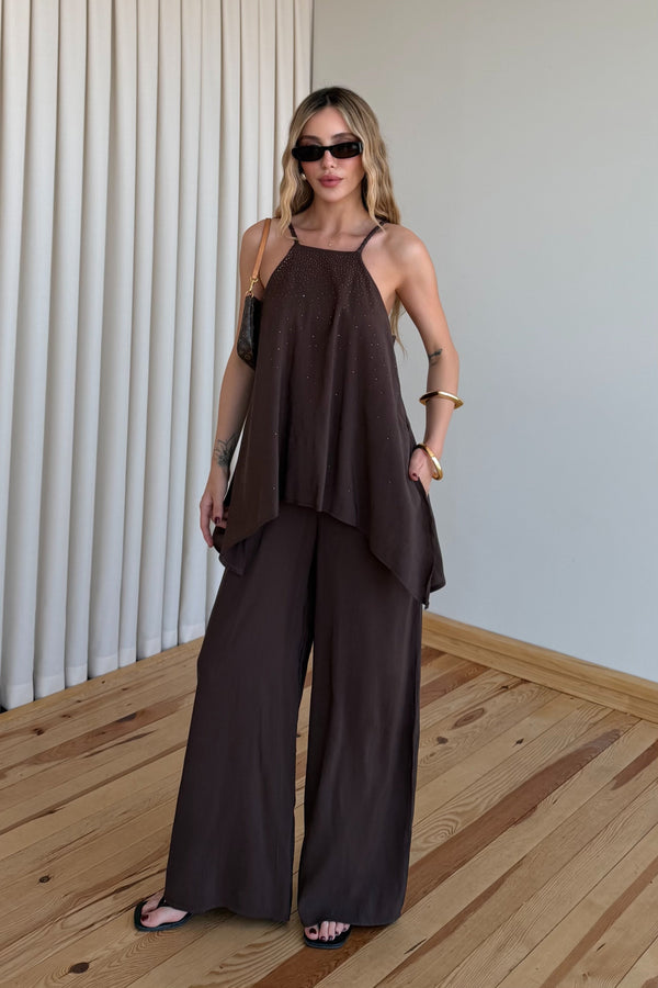 Kahverengi Taş Detaylı Tulum - 3464