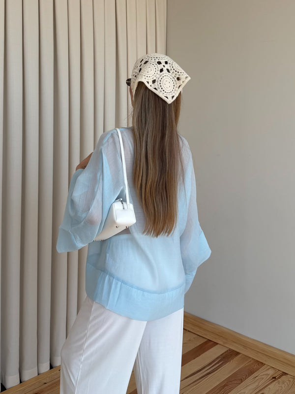 Açık Mavi İp Bağcıklı Transparan Kimono - 5098