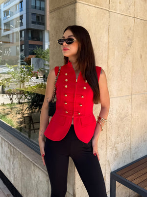 Kırmızı Gold Düğmeli Yelek - 98085