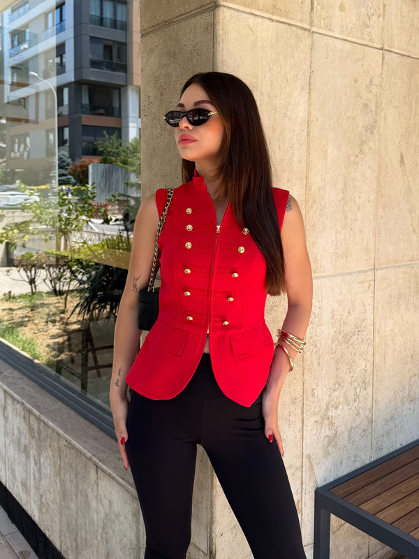 Kırmızı Gold Düğmeli Yelek - 98085