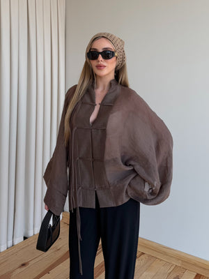 Kahverengi İp Bağcıklı Transparan Kimono - 5098