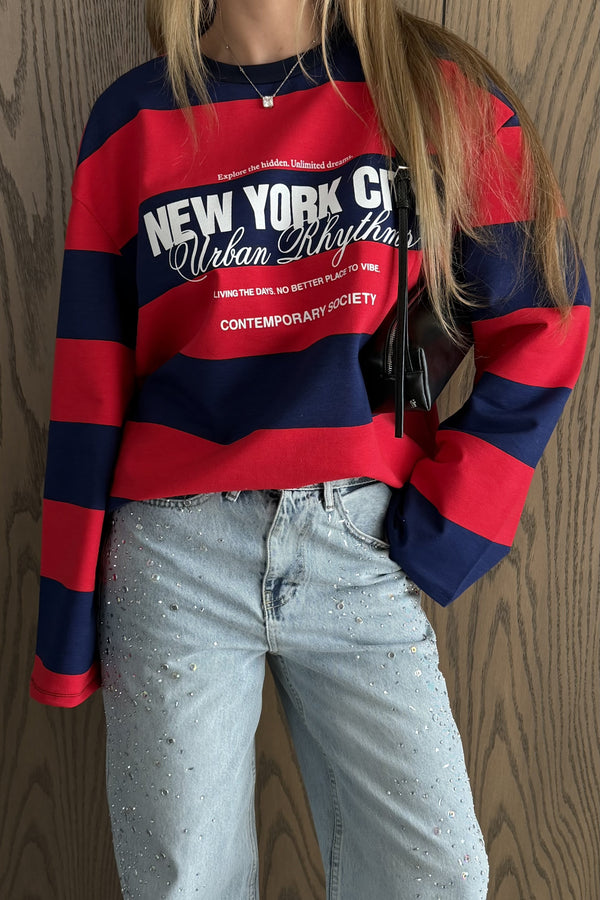 Kırmızı Lacivert New York Baskılı Sweatshirt - 1132