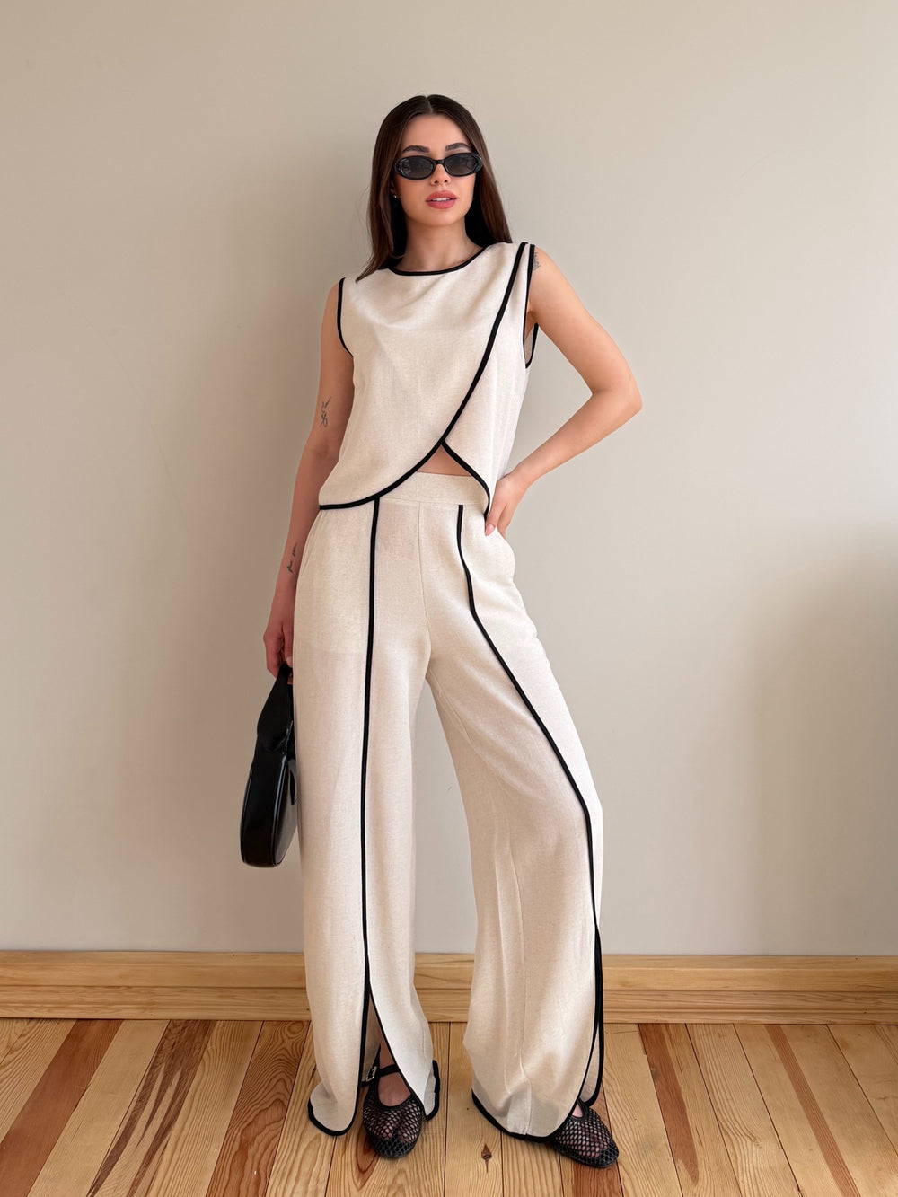 Natural Biyeli Keten Bluz Pantolon Takım - 30445