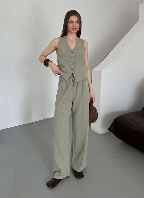 Çağla %100 Pamuk Lavin Keten Yelek Pantolon Takım