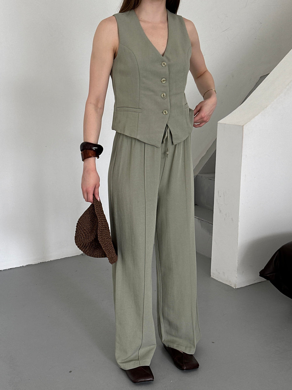 Çağla %100 Pamuk Lavin Keten Yelek Pantolon Takım