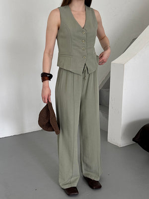 Çağla %100 Pamuk Lavin Keten Yelek Pantolon Takım