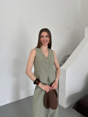 Çağla %100 Pamuk Lavin Keten Yelek Pantolon Takım