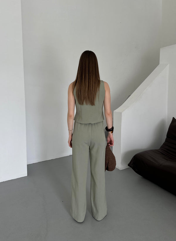 Çağla %100 Pamuk Lavin Keten Yelek Pantolon Takım