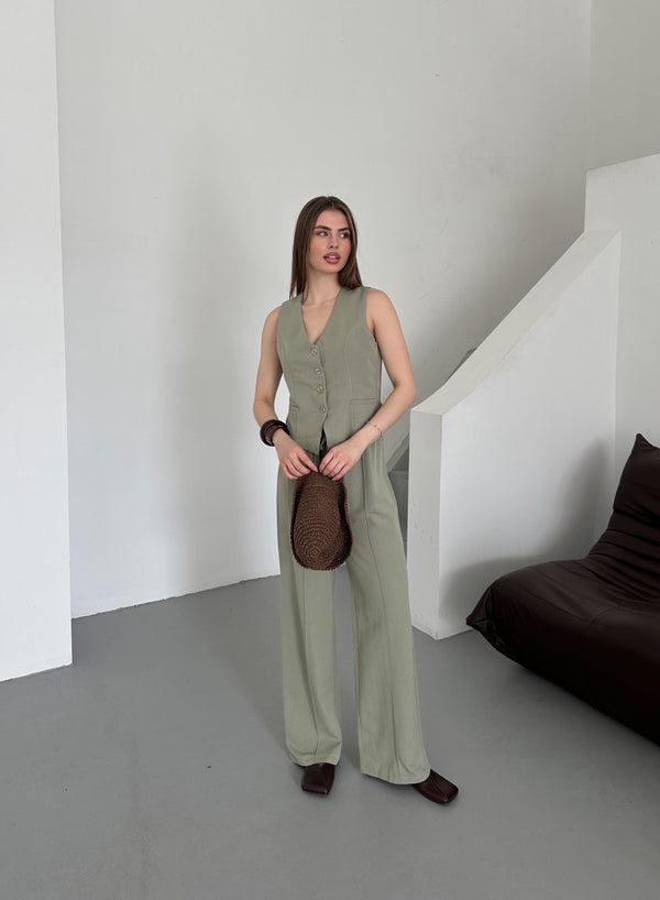 Çağla %100 Pamuk Lavin Keten Yelek Pantolon Takım