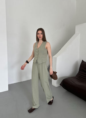 Çağla %100 Pamuk Lavin Keten Yelek Pantolon Takım