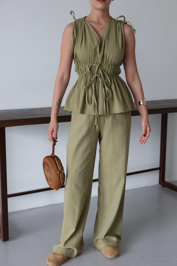 Çağla %100 Pamuk Omuz Bel Büzgülü Bluz Pantolon Takım